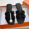 HERMES 0RAN SLIDE IN BLACK CALFSKIN WITH CRYSTALS
