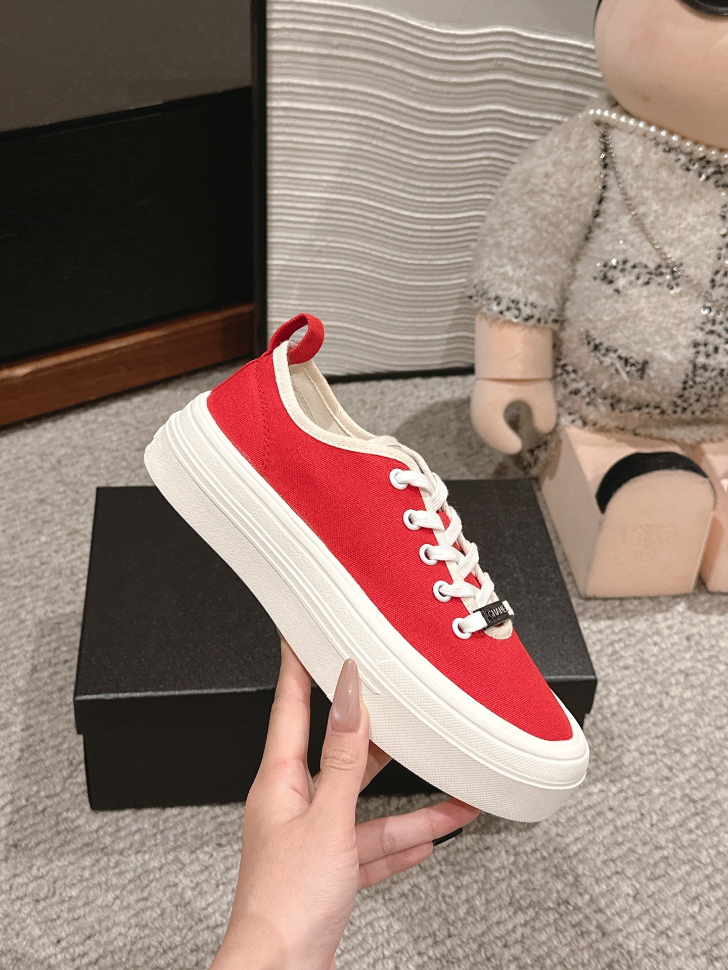 CHANEL LACE-UP SNEAKERS IN CHERRY RED CANVAS