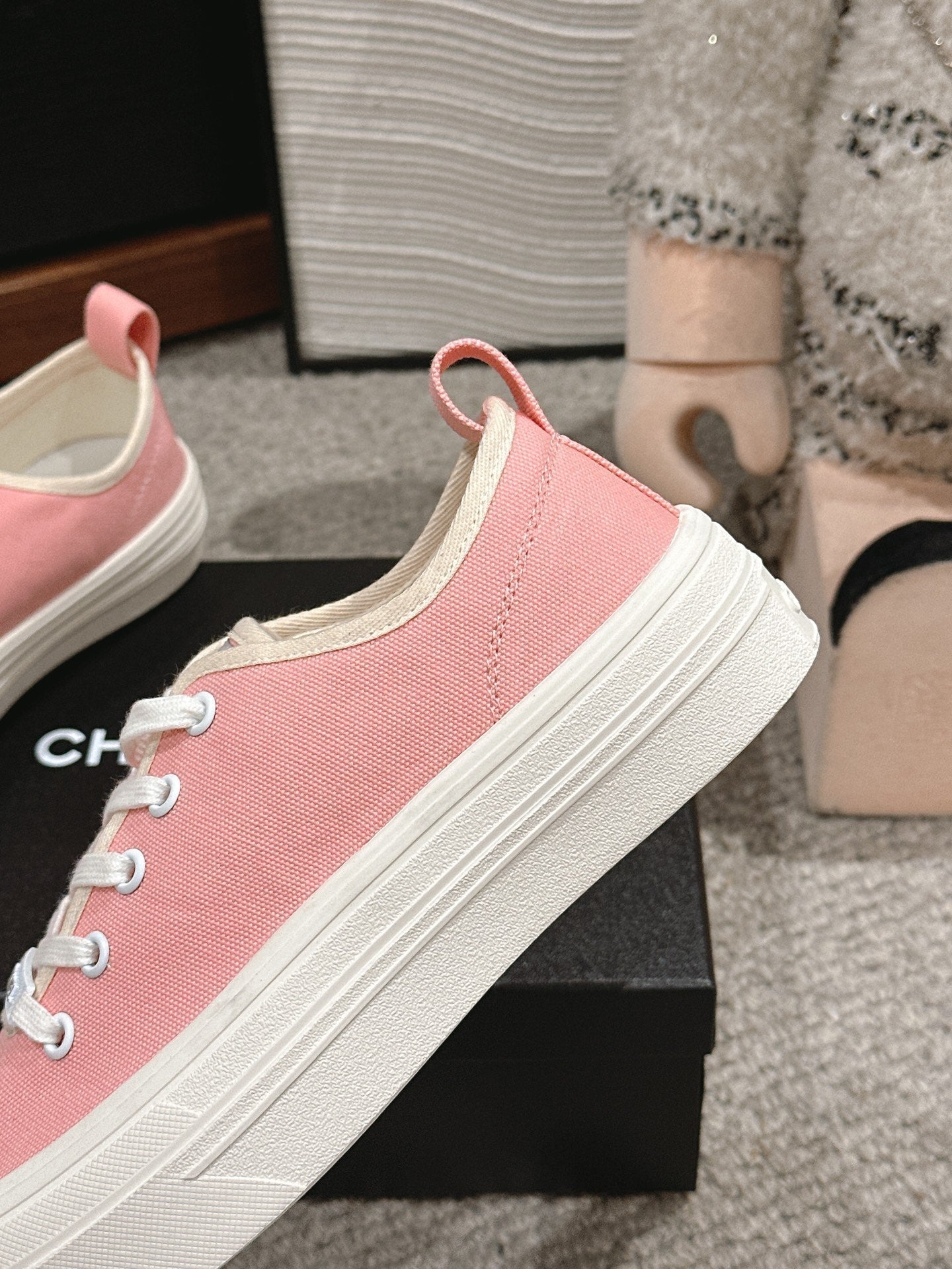 CHANEL LACE-UP SNEAKERS IN PASTEL PINK CANVAS