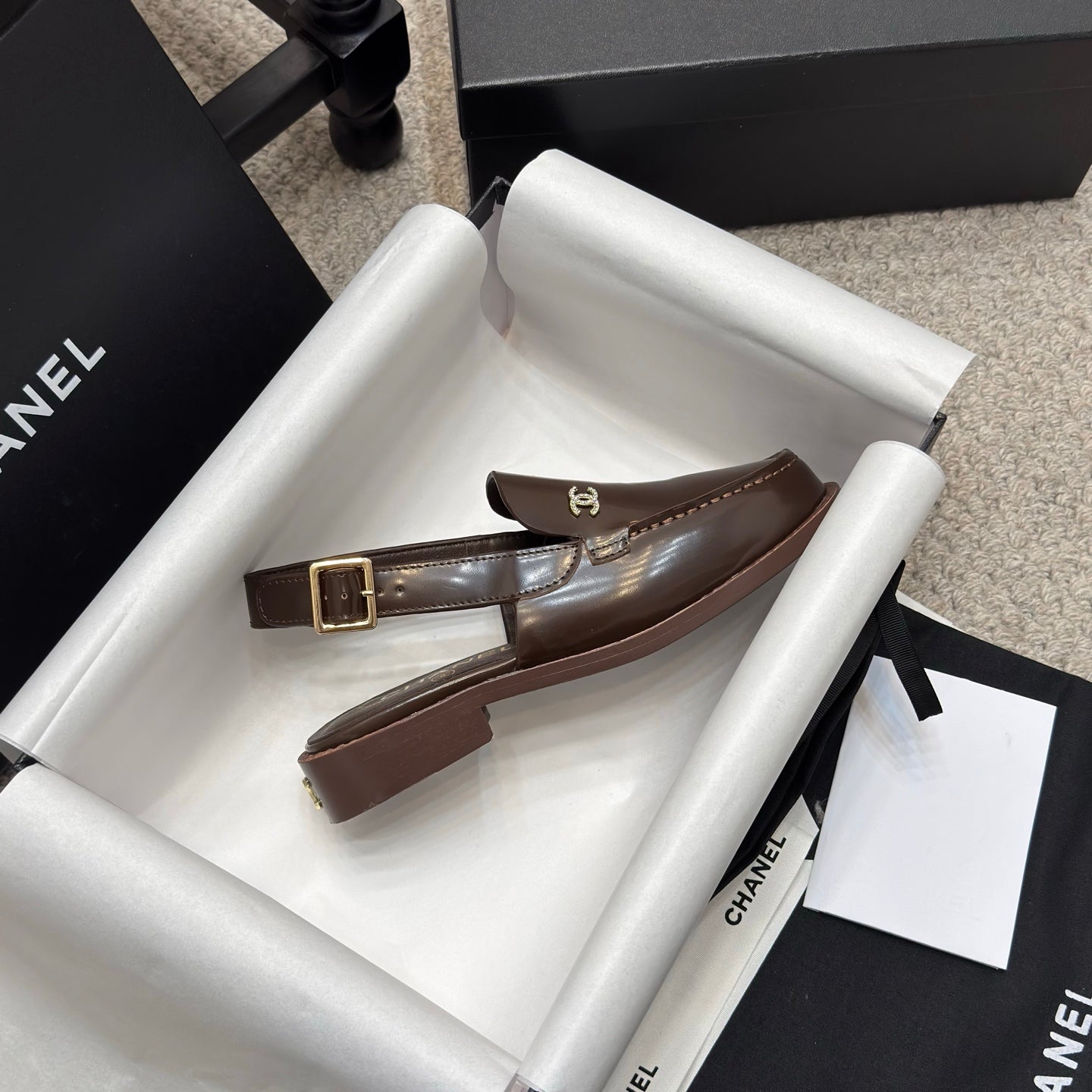 CHANEL 25C Slingback Loafer Chocolate Patent Leather