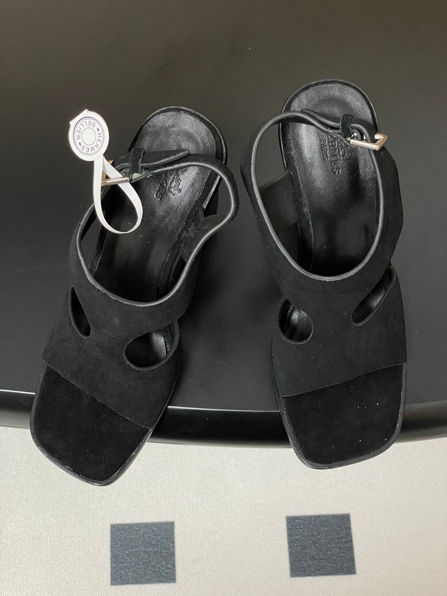 HERMES 25S KALYA WEDGE SANDAL 100 MM IN BLACK SUEDE