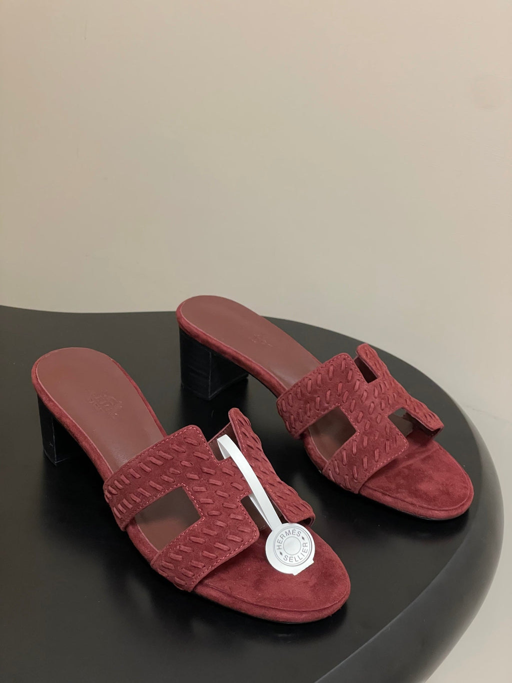 HERMES 25S ORAN HIGH‑HEEL SANDAL IN DARK RED SUEDE AND LAMBSKIN