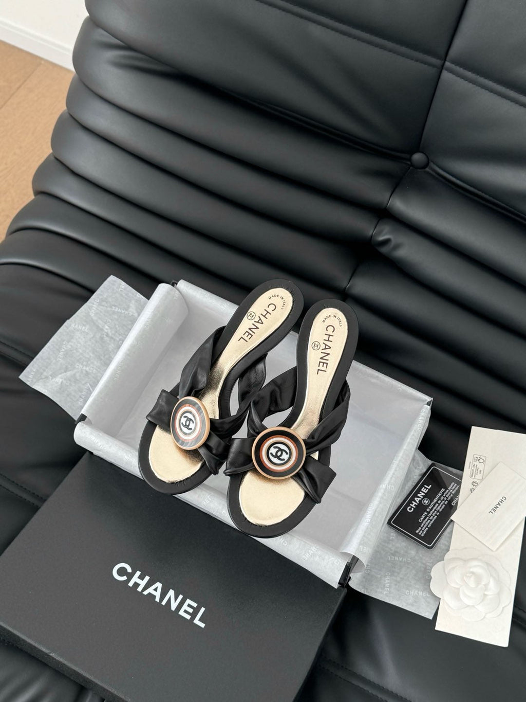 CHANEL BLACK LAMBSKIN  SLIDE SANDALS