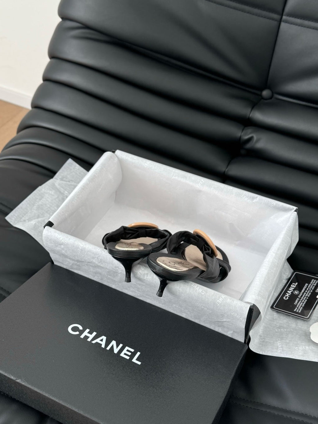 CHANEL BLACK LAMBSKIN  SLIDE SANDALS