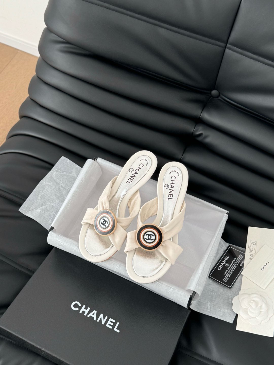 CHANEL WHITE FABRIC  SLIDE SANDALS