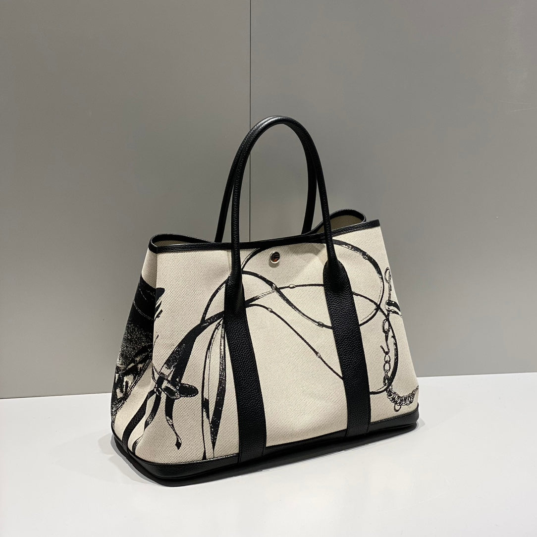 HERMES GARDEN PARTY 36 IN BEIGE AND BLACK TOILE H CANVAS BLACK CALFSKIN HORSE TACK SKETCH PRINT