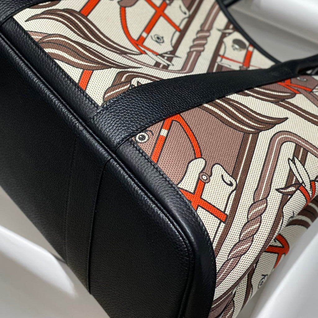 HERMES GARDEN PARTY 36 IN BEIGE ORANGE AND BROWN TOILE H CANVAS BLACK CALFSKIN HORSE TOTEM PRINT