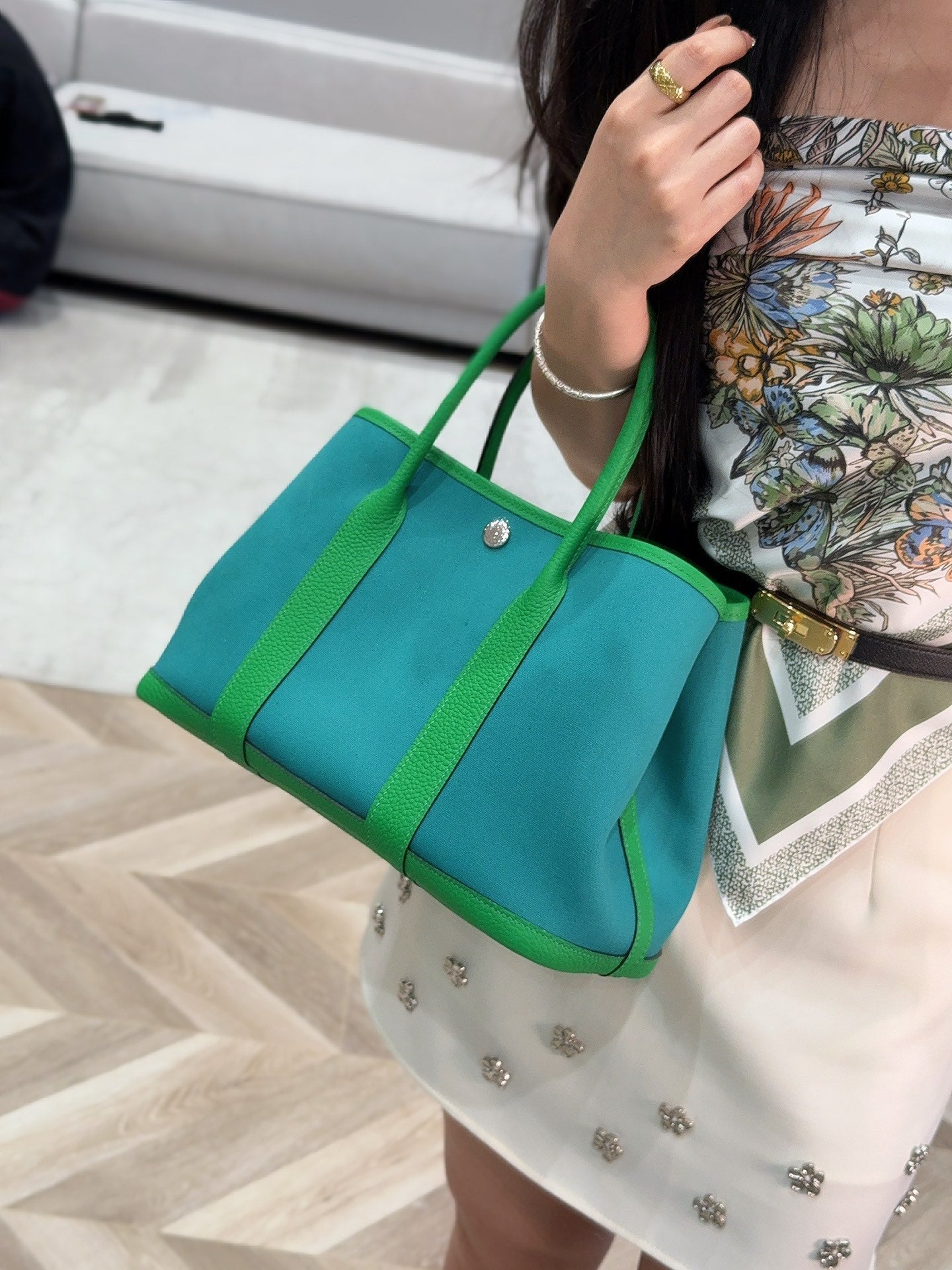 HERMES GARDEN PARTY 30CM IN CADMIUM GREEN TOILETS COTTON CANVAS AND GREEN CALFSKIN