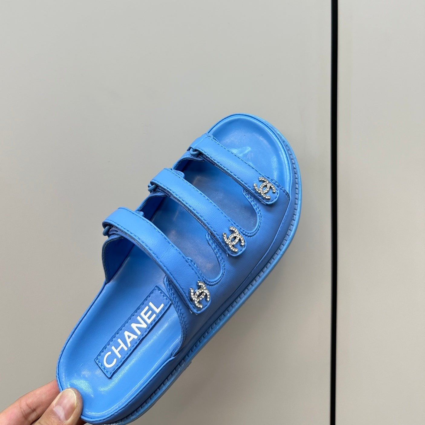 CHANEL dad sandals dodger blue 3 rows lambskin mules