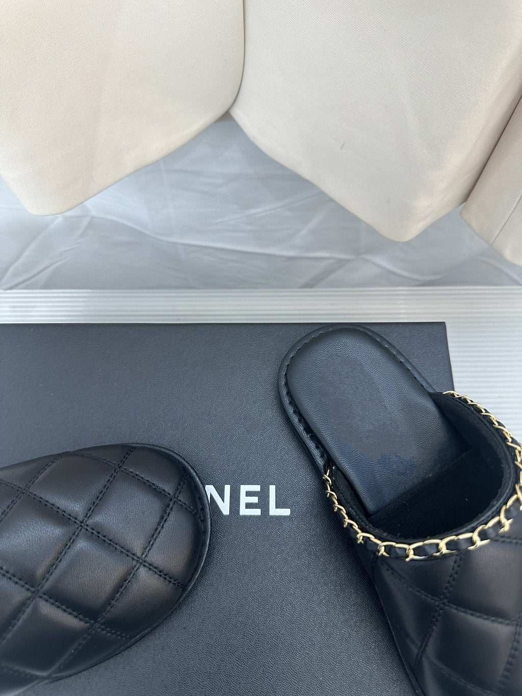 CHANEL Black Lambskin Gold Chain Mules