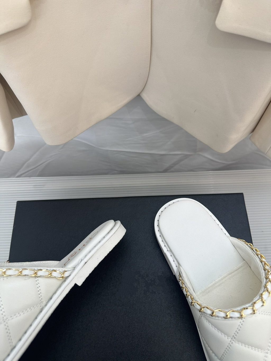 CHANEL White Lambskin Gold Chain Mules