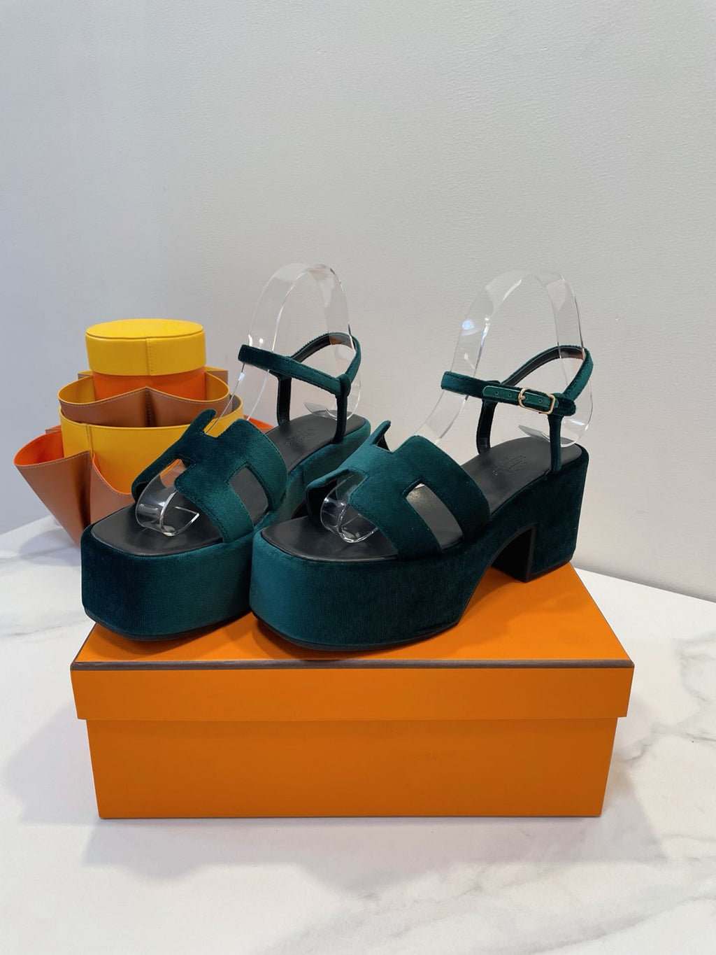 HERMES JAM 30 SANDAL IN GREEN FOREST VELVET