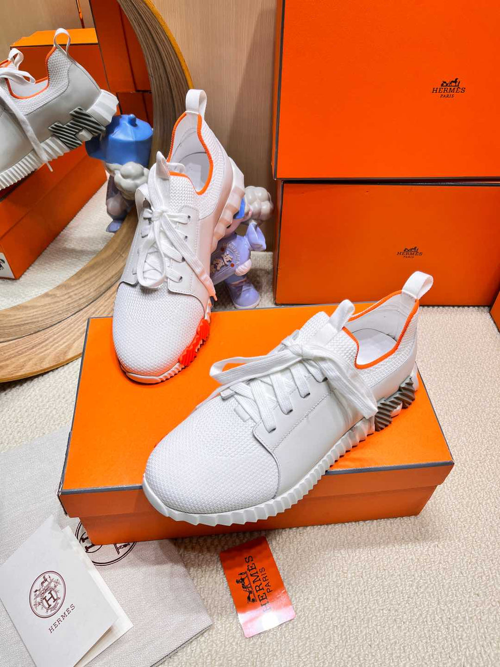 HERMES DEPART SLIP-ON SNEAKER IN FULL WHITE KNIT AND CALFSKIN
