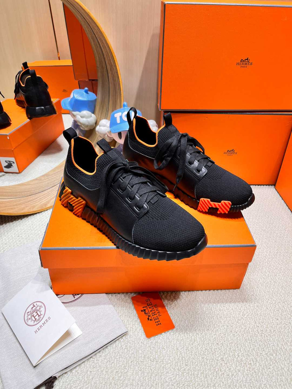 HERMES DEPART SLIP-ON SNEAKER IN BLACK KNIT AND CALFSKIN