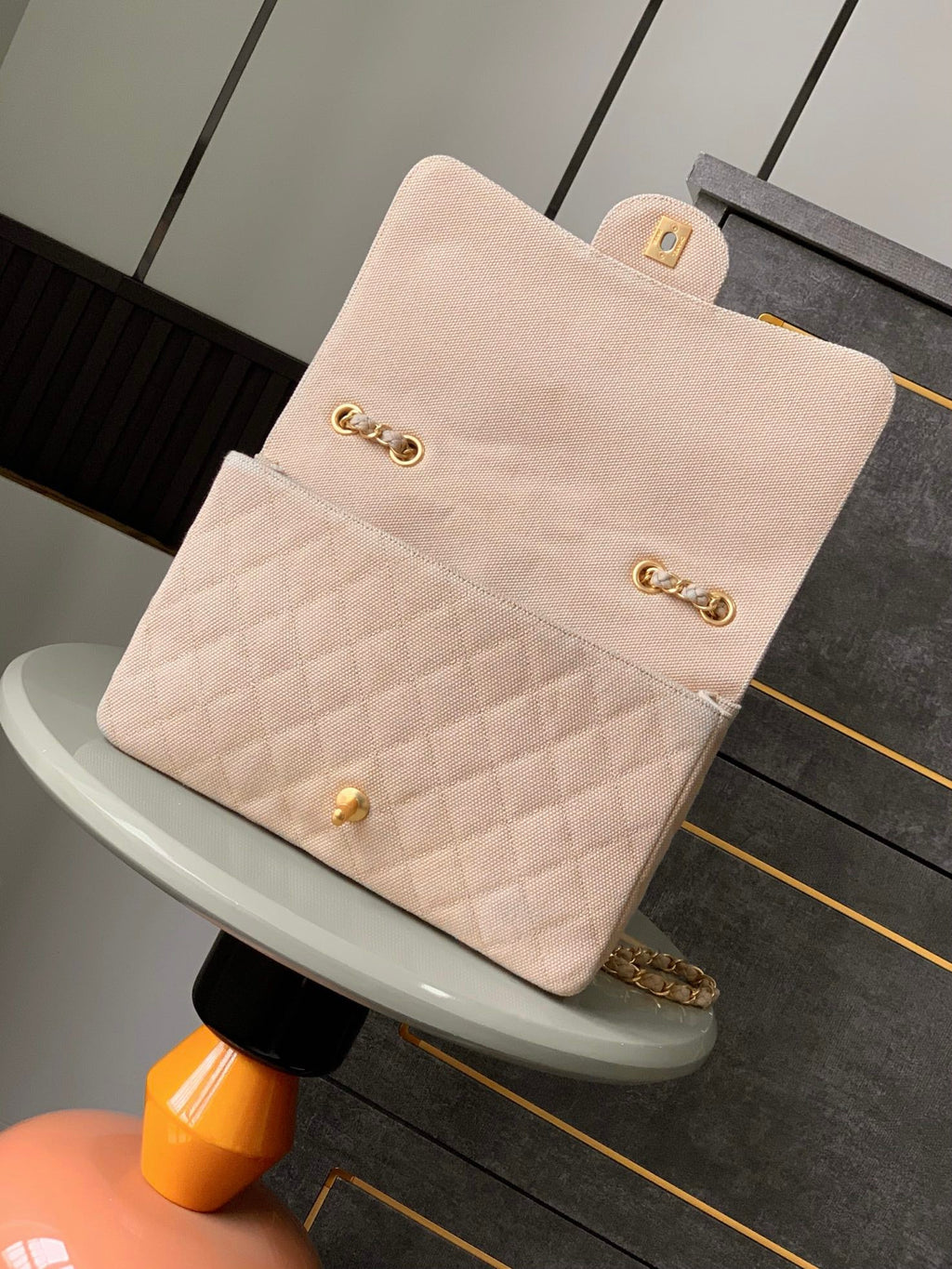 CHANEL 25S CLASSIC FLAP 26 CM IN LIGHT BEIGE CANVAS EMBROIDERED MOTIF WITH GOLD HARDWARE