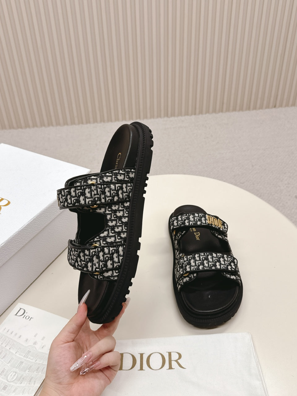 DIOR CLASSIC DOUBLE-STRAP SLIDES 25S IN BLACK FABRIC AND CALFSKIN