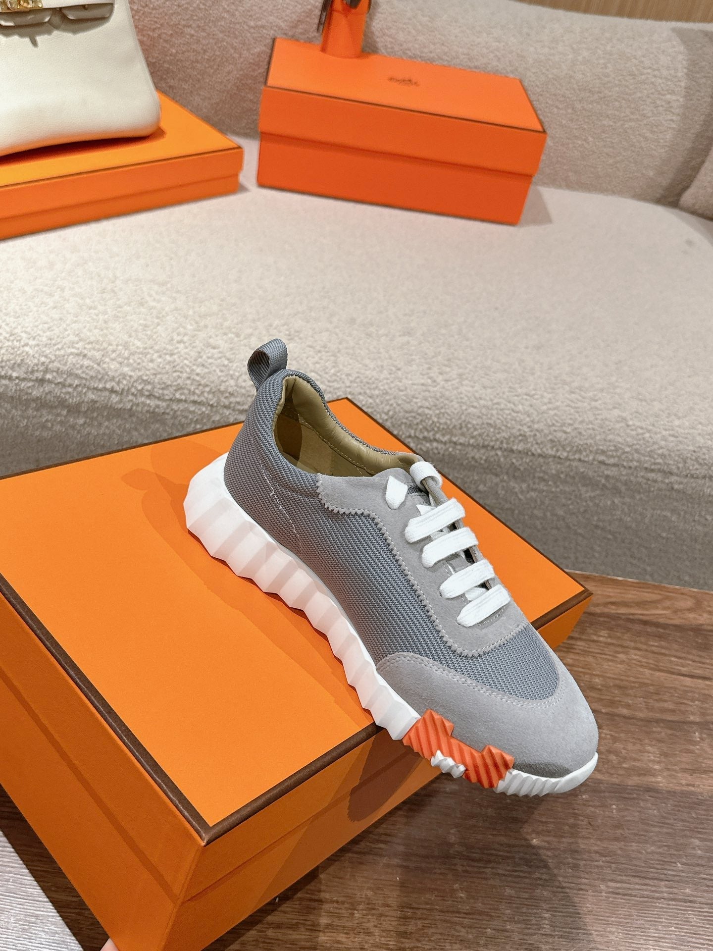HERMES MAINLAND SNEAKER IN ASH GRAY SUEDE AND SHARK GRAY BREATHABLE MESH FABRIC
