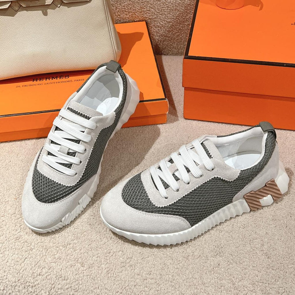 HERMES MAINLAND SNEAKER IN PALE GRAY SUEDE AND SMOKE GRAY BREATHABLE MESH FABRIC