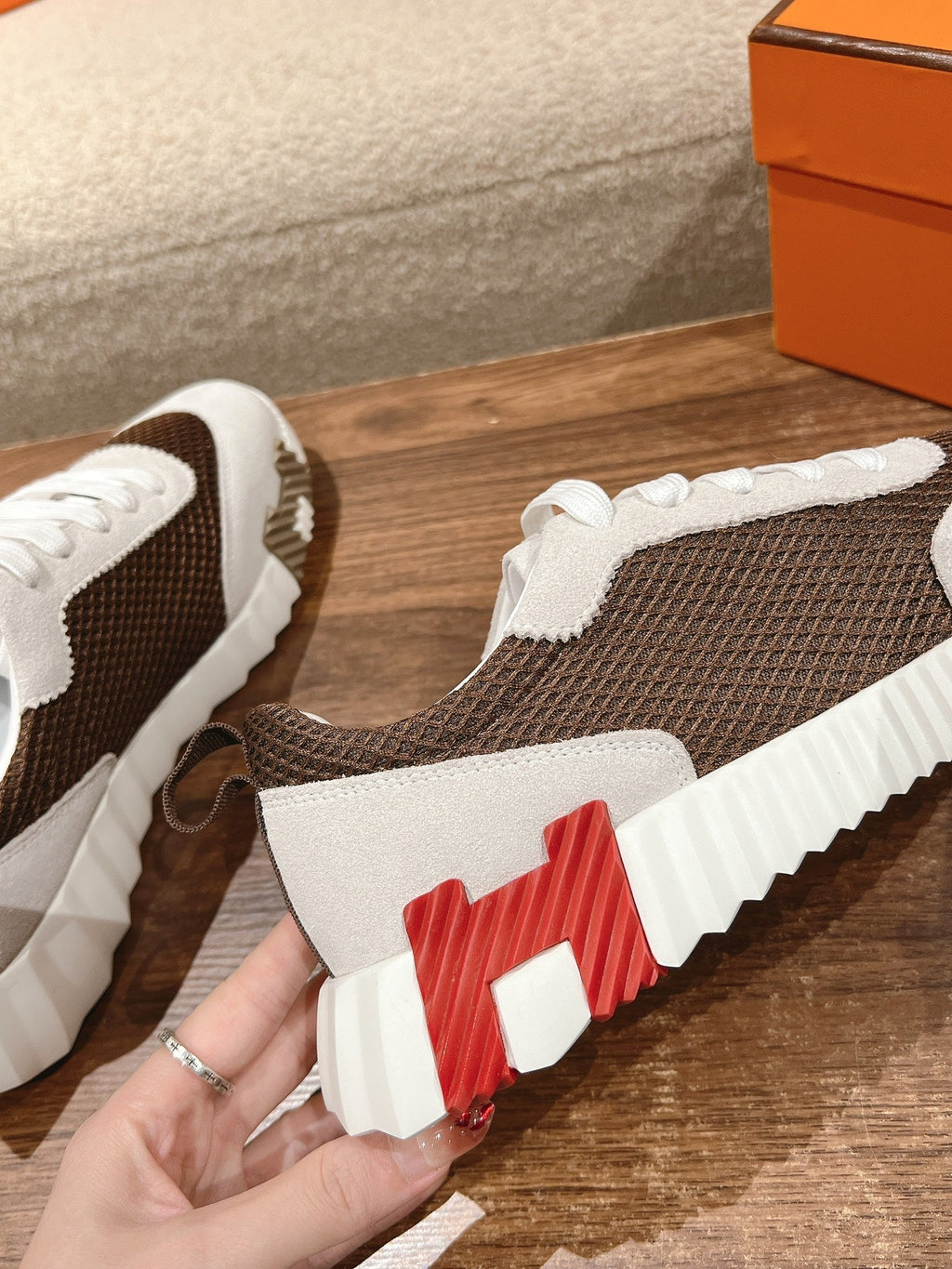 HERMES MAINLAND SNEAKER IN PALE GRAY SUEDE AND MOCHA BROWN BREATHABLE MESH FABRIC