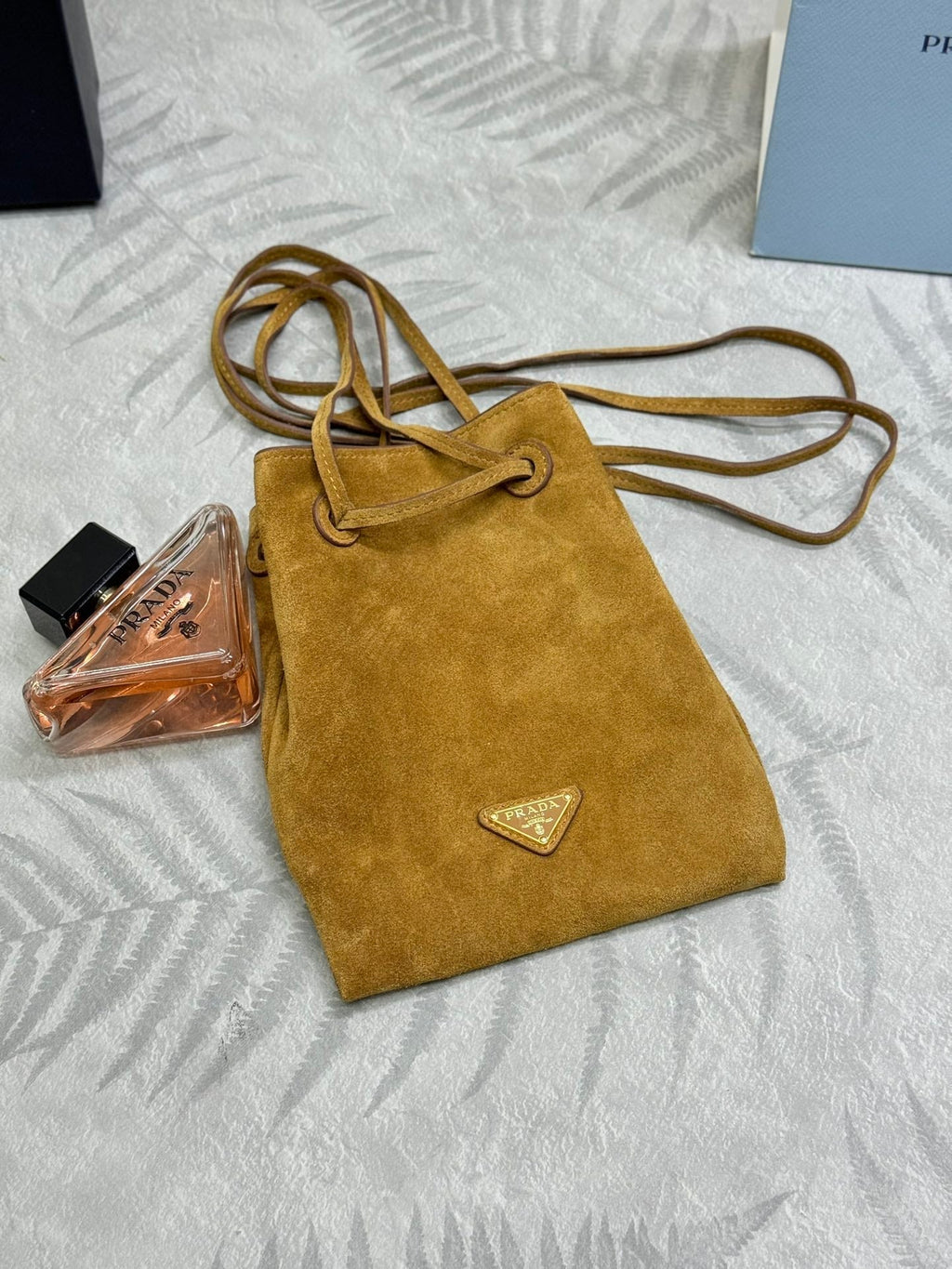 PRADA 25S BUCKET BAG 20 IN LIGHT CARAMEL SUEDE GOLD HARDWRE