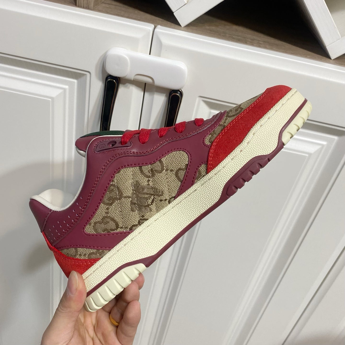 GUCCI 26S RE-WEB TRAINER SNEAKERS IN RED CALFSKIN AND BEIGE CANVAS