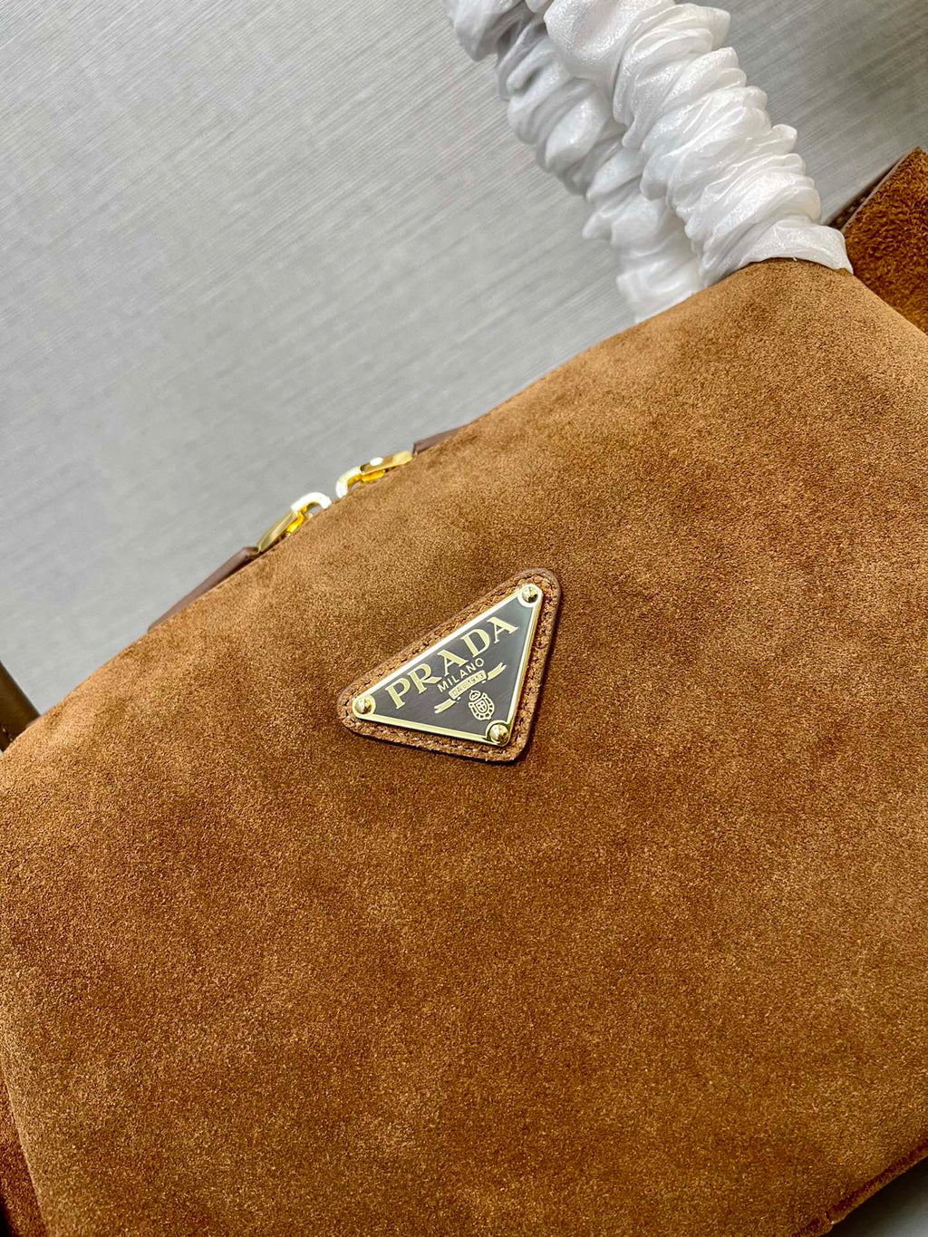 PRADA SHOULDER BAG 28 IN TAWNY BROWN SUEDE GOLD LOGO