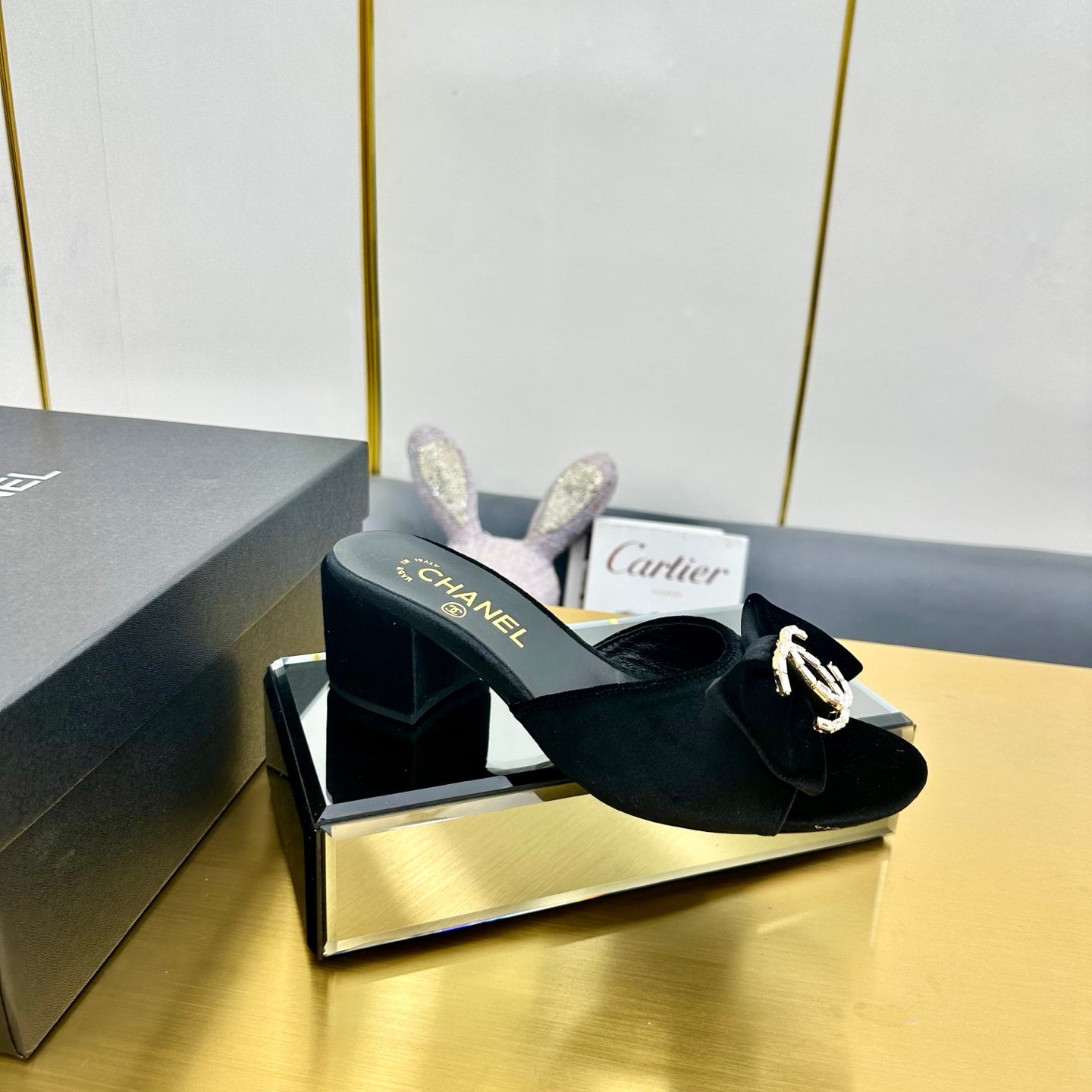 CHANEL BOWKNOT RHINESTONES MID HEEL MULE IN BLACK VELVET