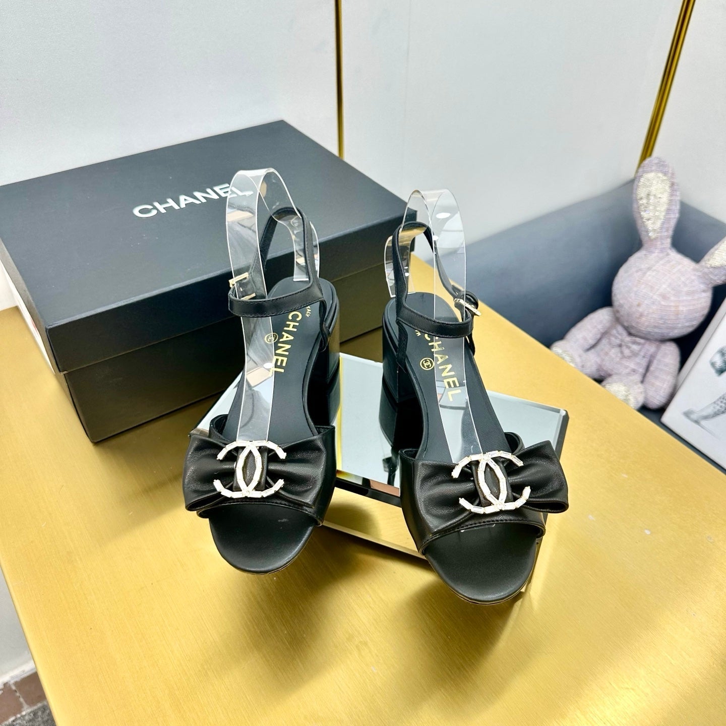 CHANEL BOWKNOT RHINESTONES MID HEEL SANDAL IN BLACK CALFSKIN