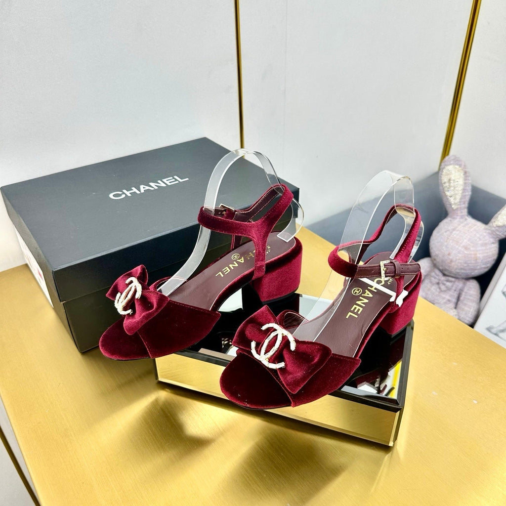 CHANEL BOWKNOT RHINESTONES MID HEEL SANDAL IN GARNET RED VELVET