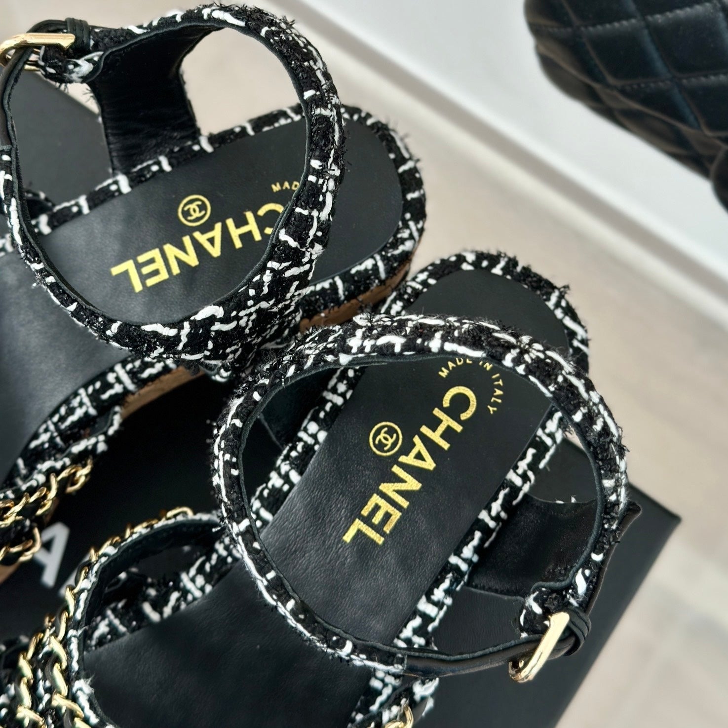 CHANEL Double C Wooden Chain Platform Block Heel Sandals White Caro/ Black