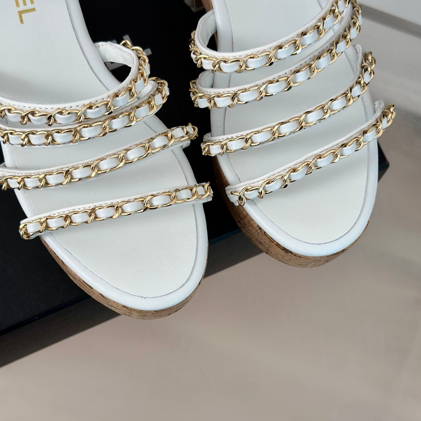 CHANEL Double C Wooden Chain Platform Block Heel Sandals White