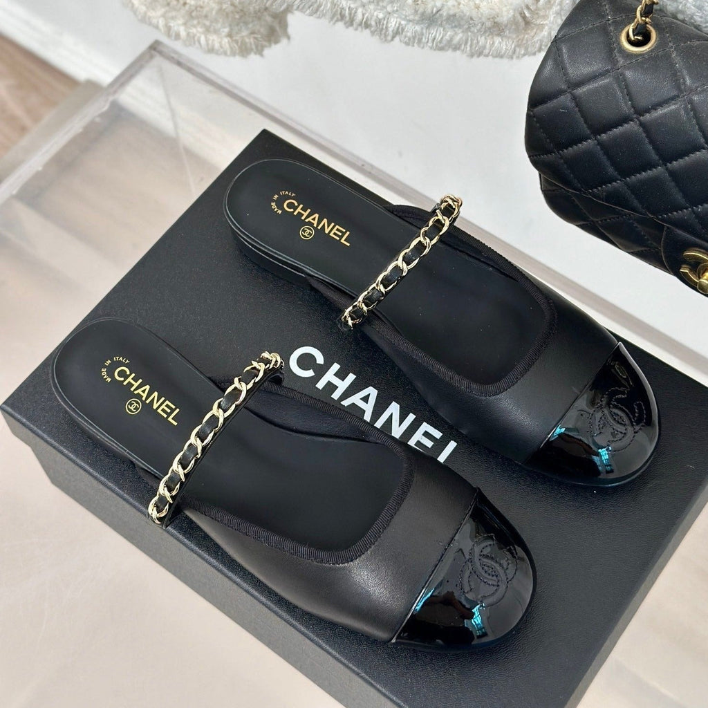 CHANEL Double C Two-Tone Chain Mules Black Lambskin
