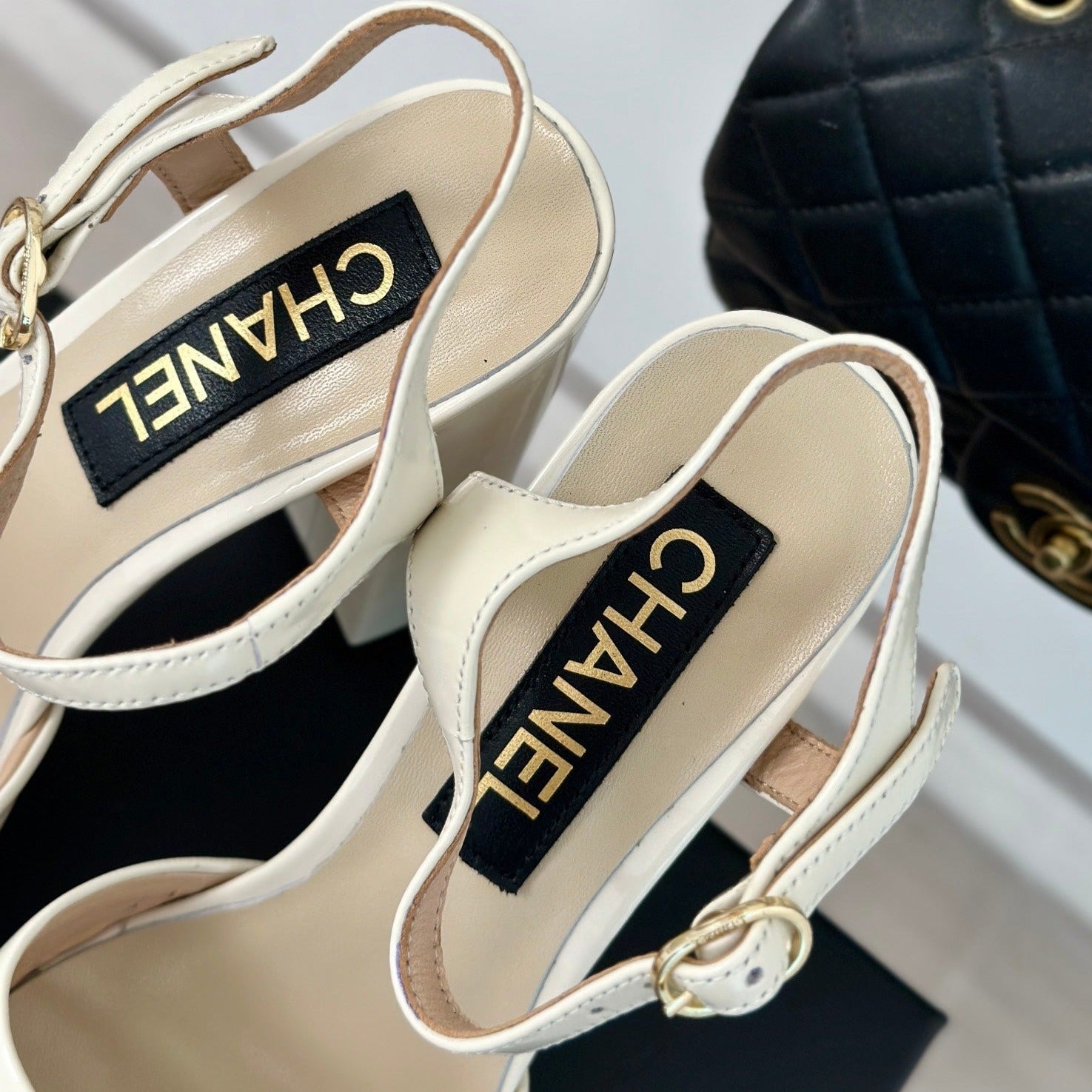 CHANEL Double C High Heel Sandals Beige Cream Leather