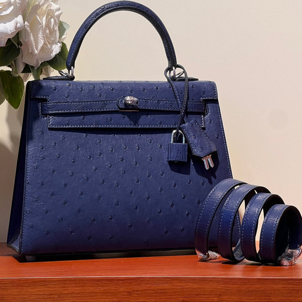 HERMES KELLY SELLIER 25 BAG IN NAVY BLUE OSTRICH LEATHER WITH SILVER HARDWARE