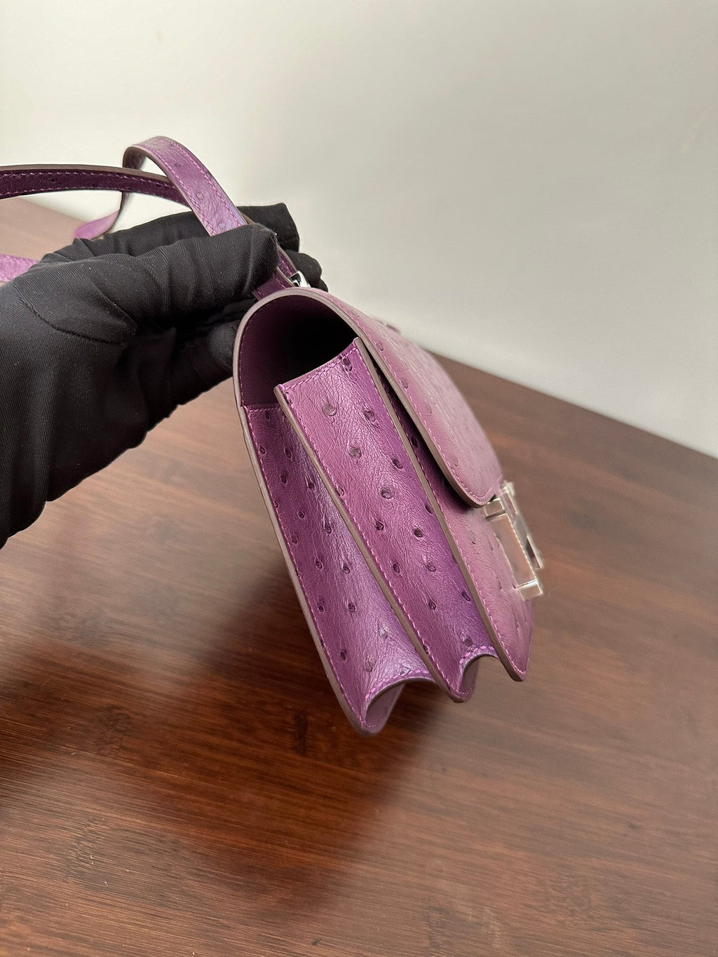 HERMES CONSTANCE 18 PURPLE OSTRICH SILVER HARDWARE