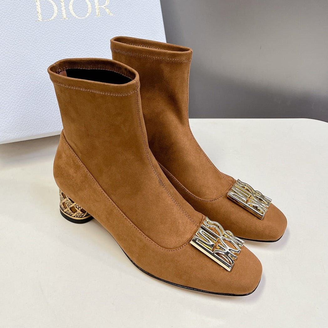 DIOR ICON HEELED ANKLE BOOT BRONZE BROWN SUEDE 4 CM WITH GOLD LOGO