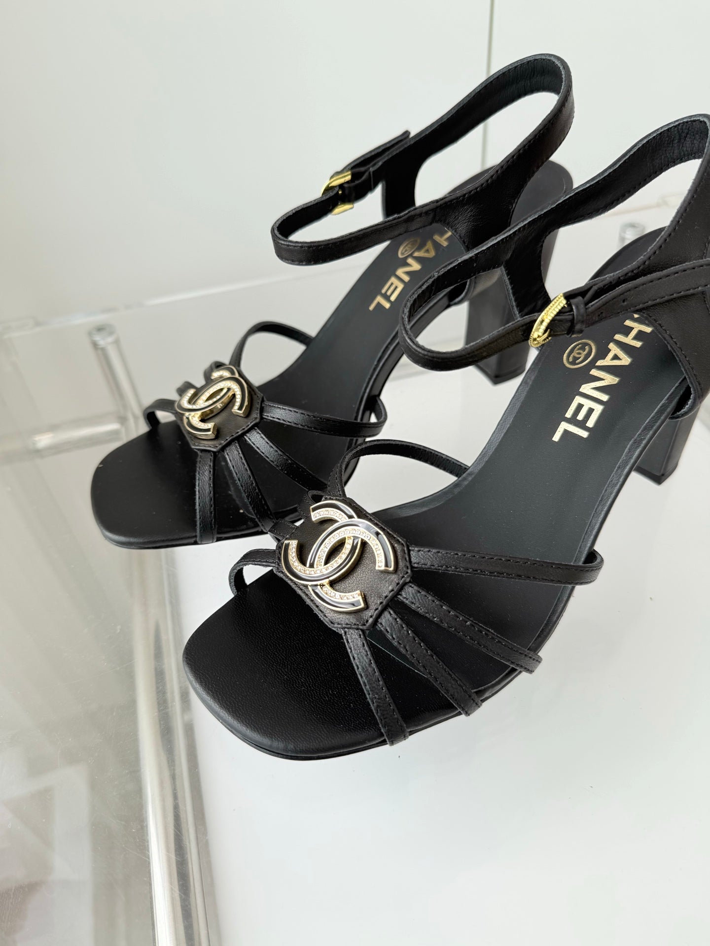 CHANEL HIGH HEEL SANDALS 85 MM IN BLACK LAMBSKIN
