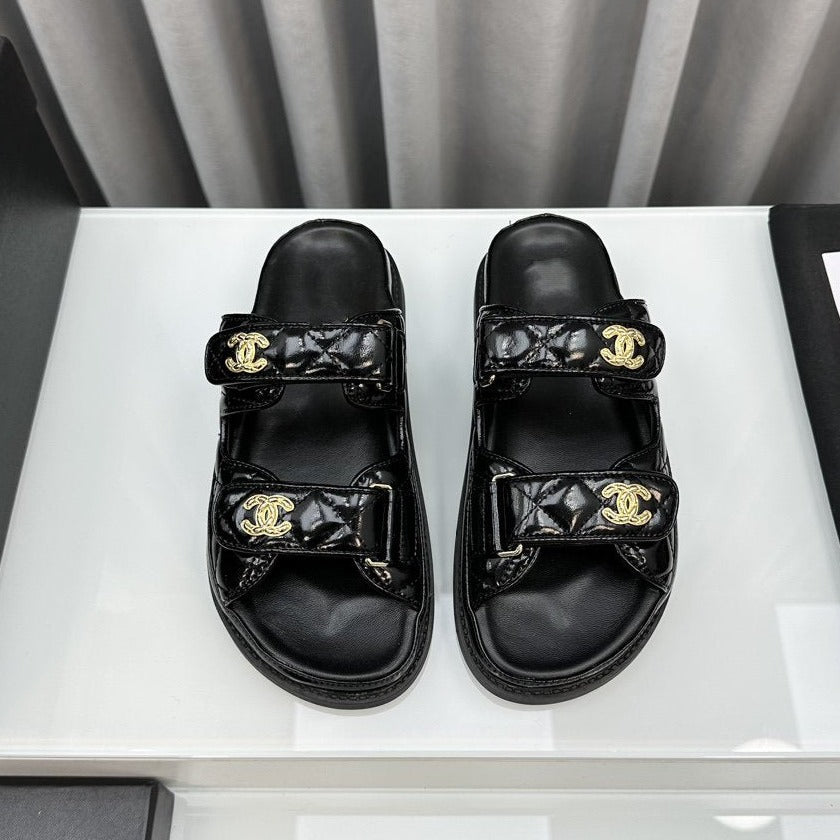 CHANEL DAD SANDALS BLACK PATENT LAMBSKIN MULES