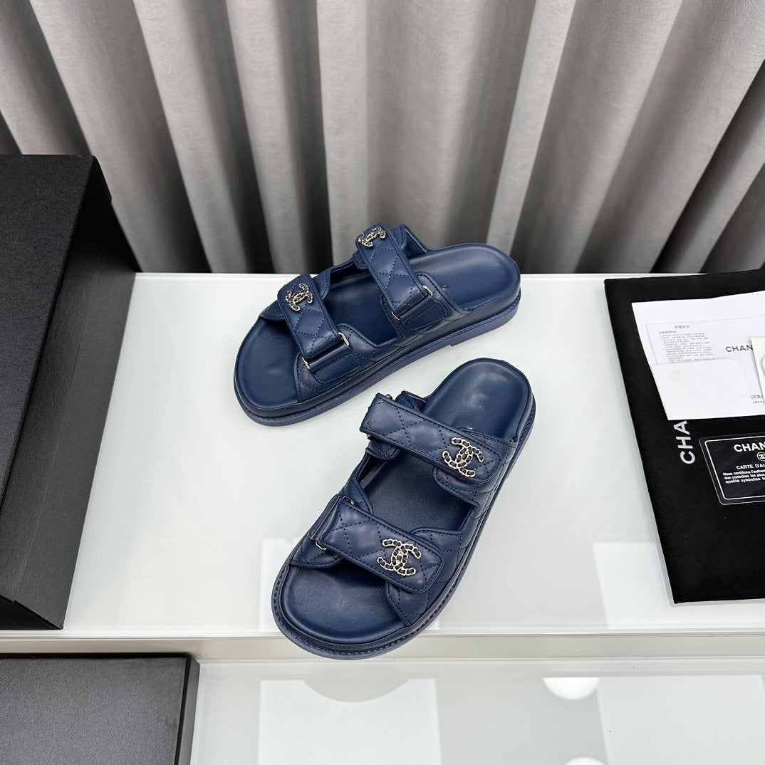 CHANEL dad sandals blue lambskin mules