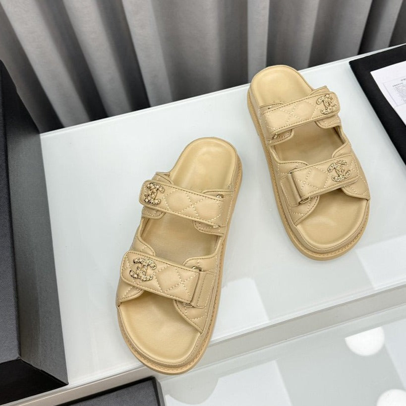 CHANEL dad sandals beige lambskin mules