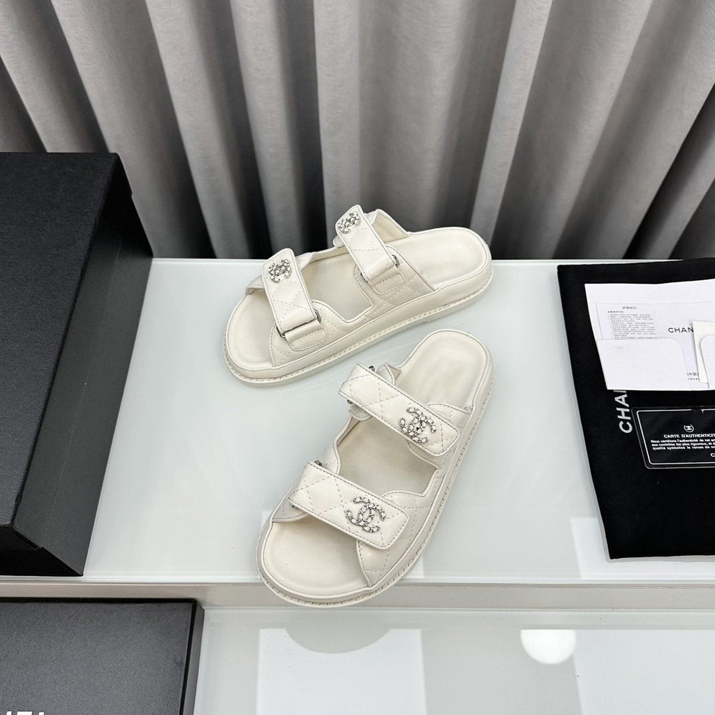 CHANEL dad sandals white lambskin interwoven leather