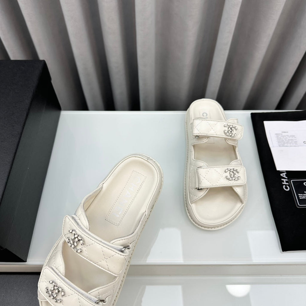 CHANEL dad sandals white lambskin interwoven leather