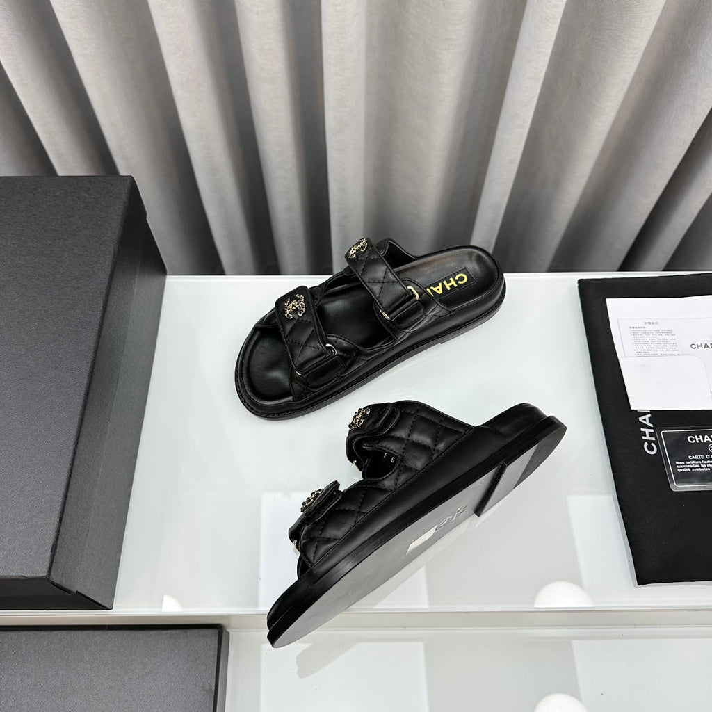 CHANEL dad sandals black patent interwoven leather