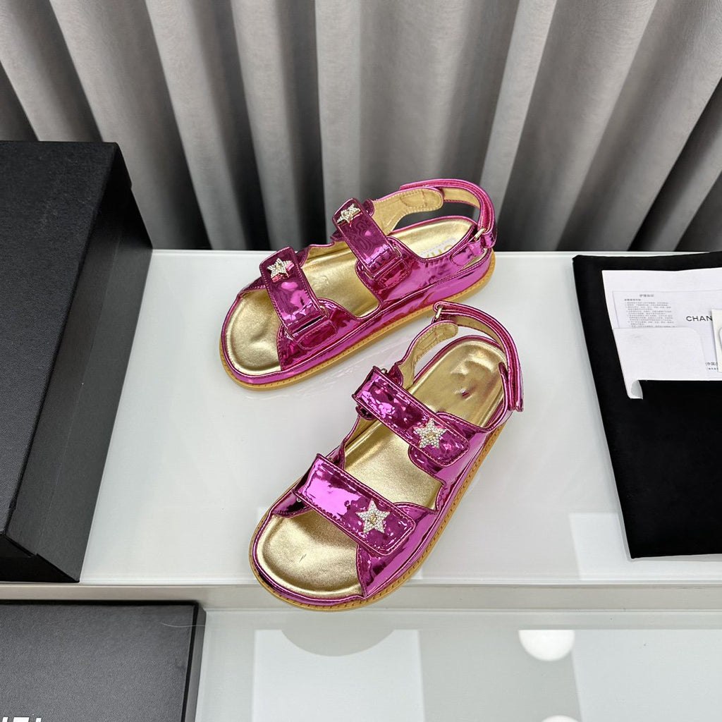 CHANEL dad sandals red metalic lambskin