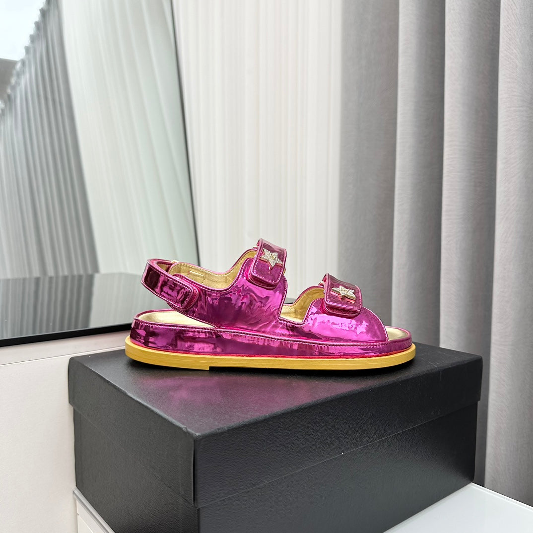 CHANEL dad sandals red metalic lambskin