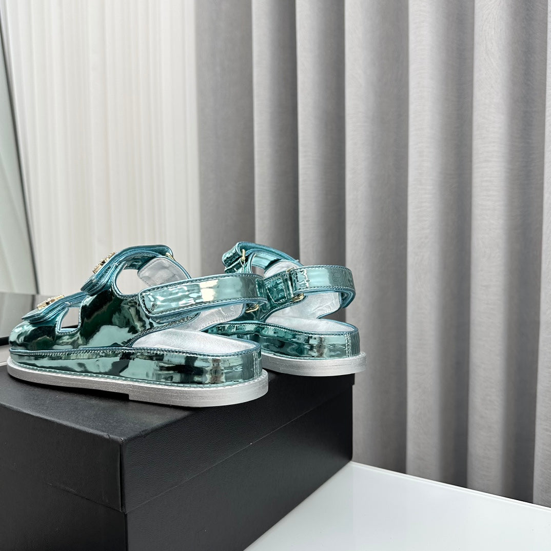 CHANEL dad sandals cloud blue metalic lambskin