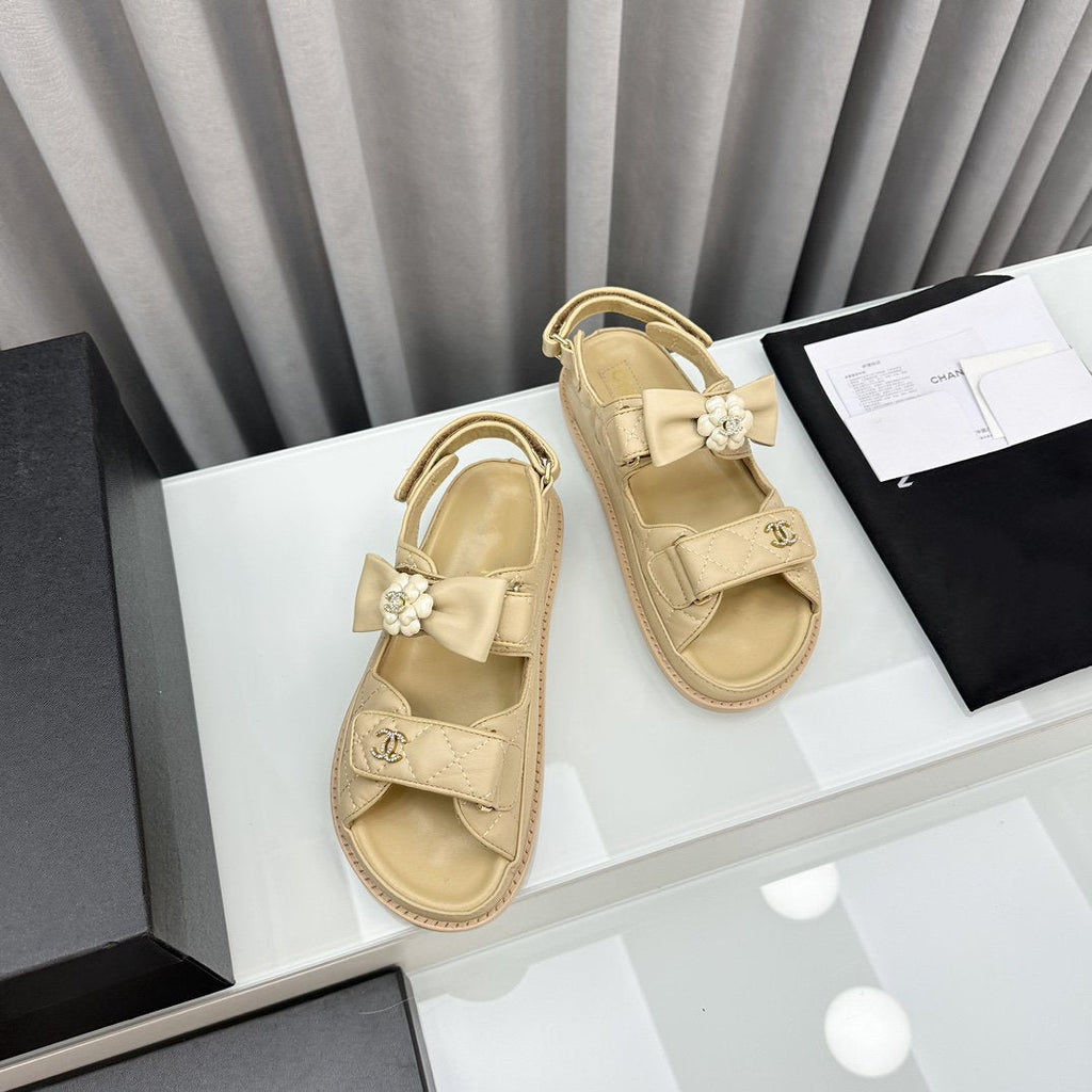 CHANEL dad sandals beige bow tie lambskin