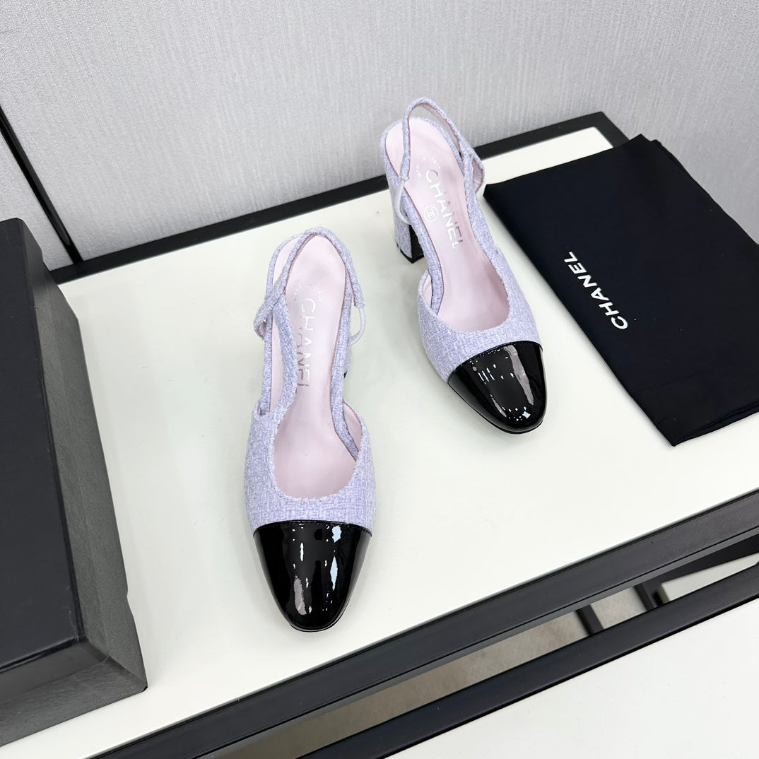 CHANEL HIGH SLINGBACK LIGHT BLUE TWEED AND BLACK CALFSKIN