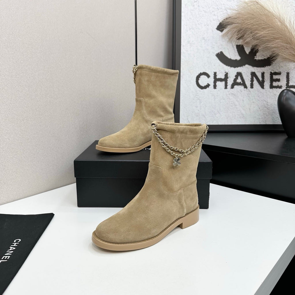 CHANEL 25S SHORT BOOTS IN LIGHT GOLD SUEDE SILVER HARDWARE
