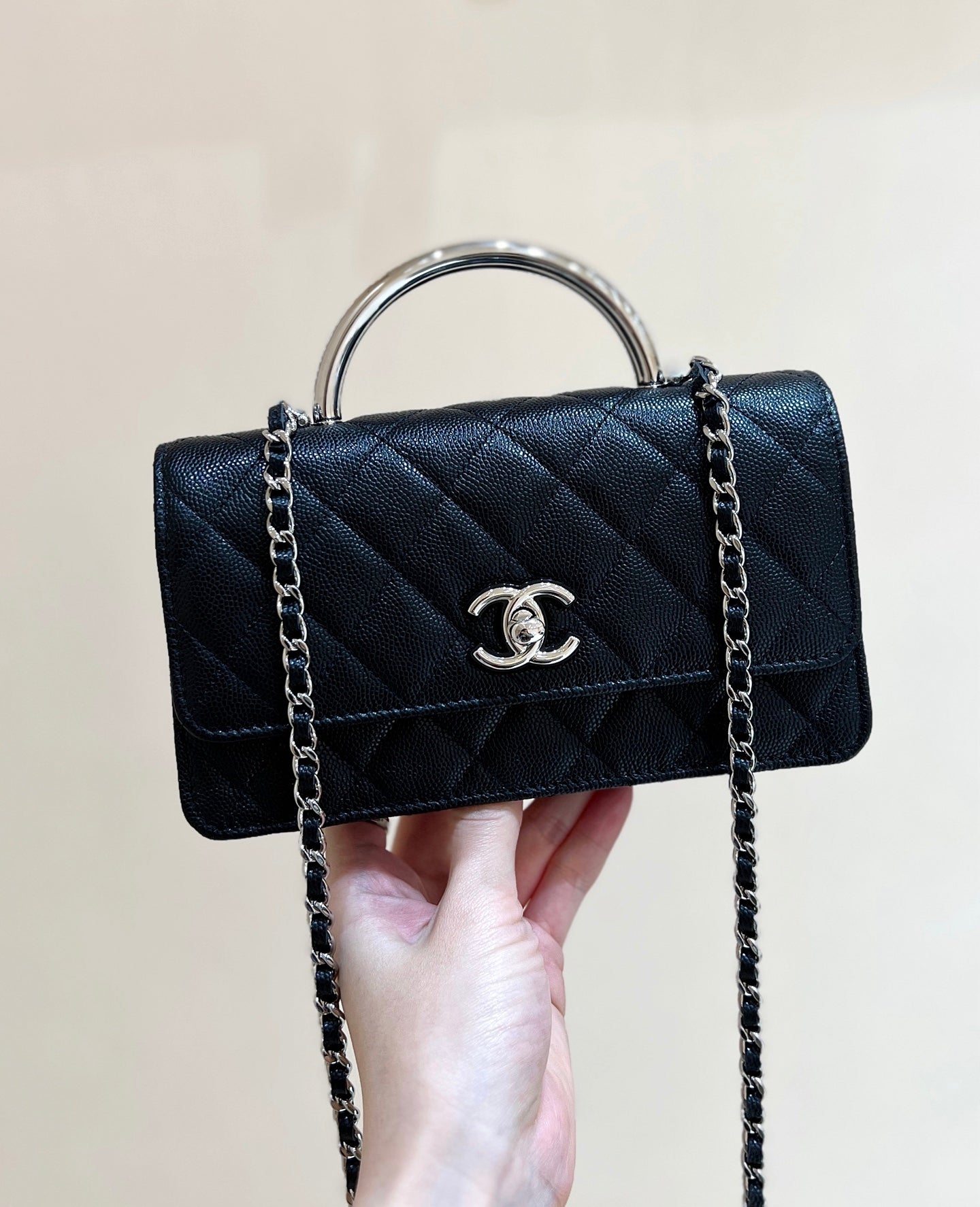 CHANEL FLAP BAG WITH SILVER-TONE HANDLE 18 IN BLACK LAMBSKIN